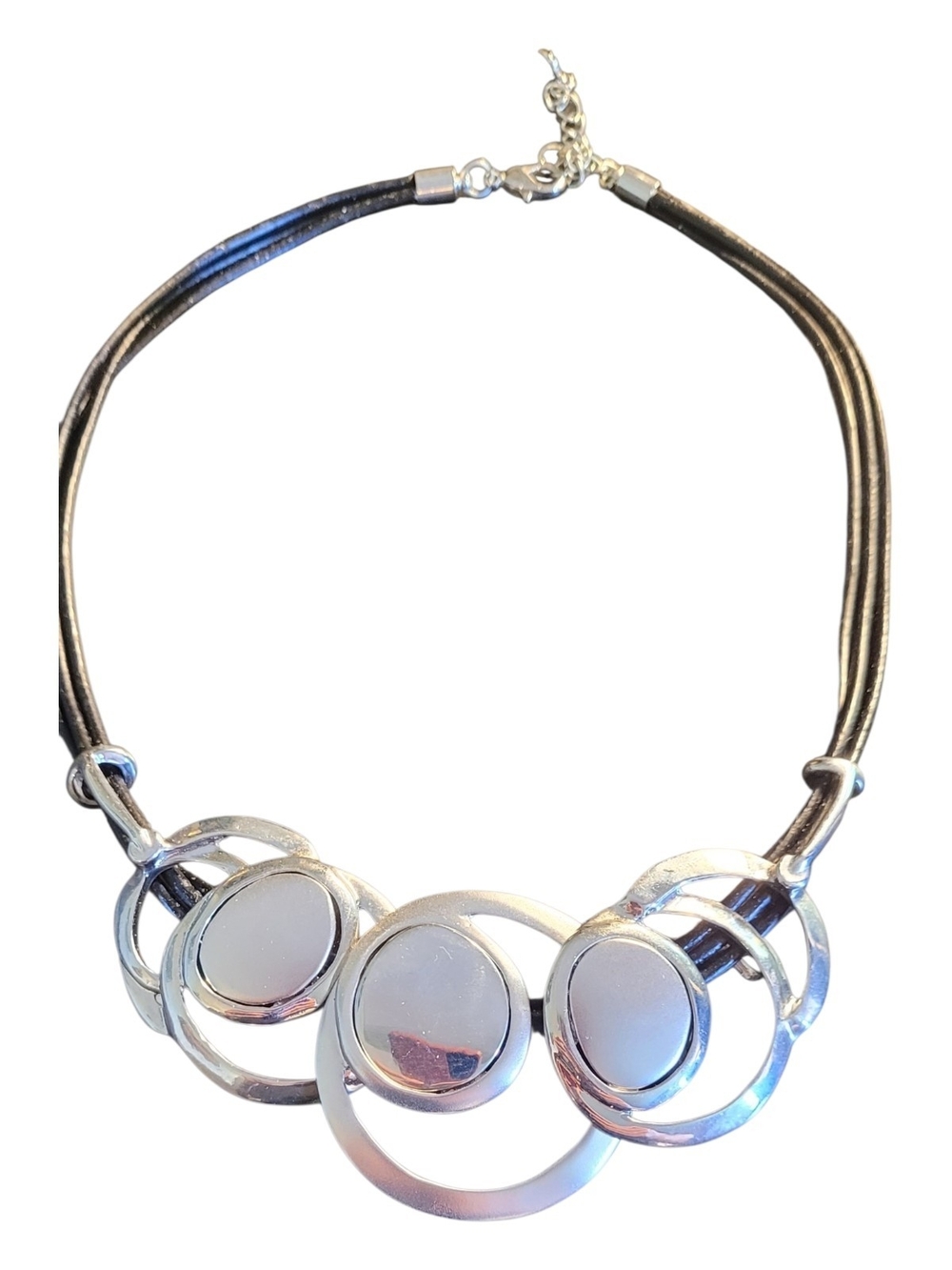 Silver Circle Statement Necklace with Black Cord